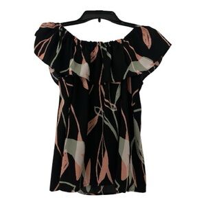 Nine West Off Shoulder Ruffle Neck Top S Black Multicolor Polyester